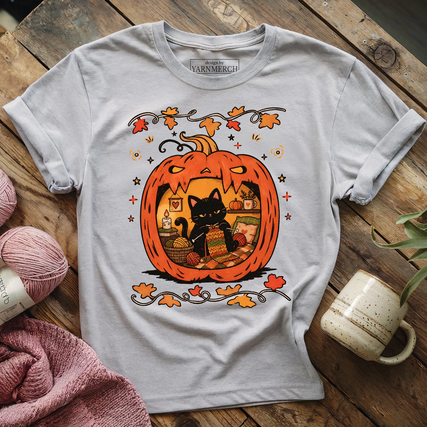 Cozy Halloween Cat Knitting T-shirt