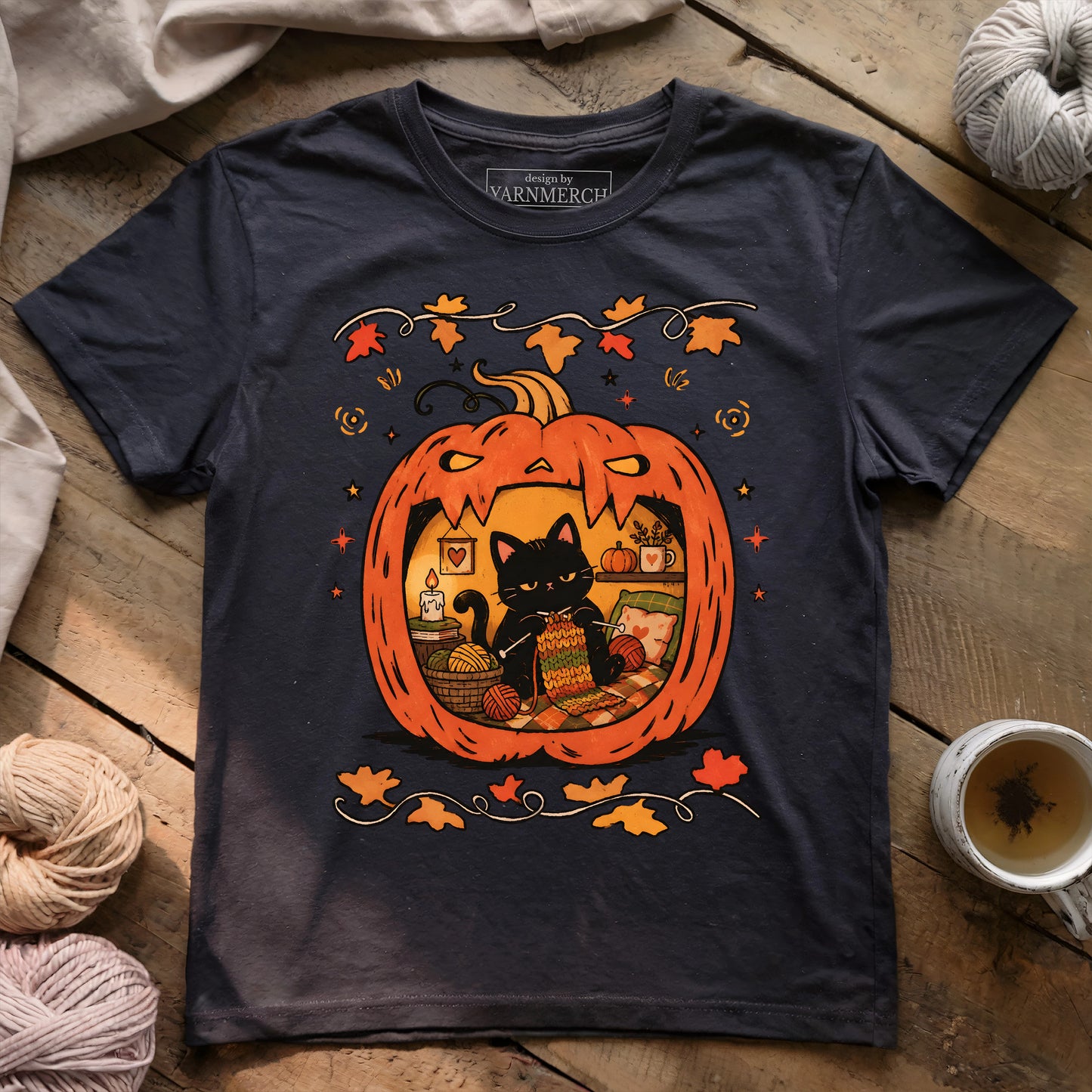Cozy Halloween Cat Knitting T-shirt