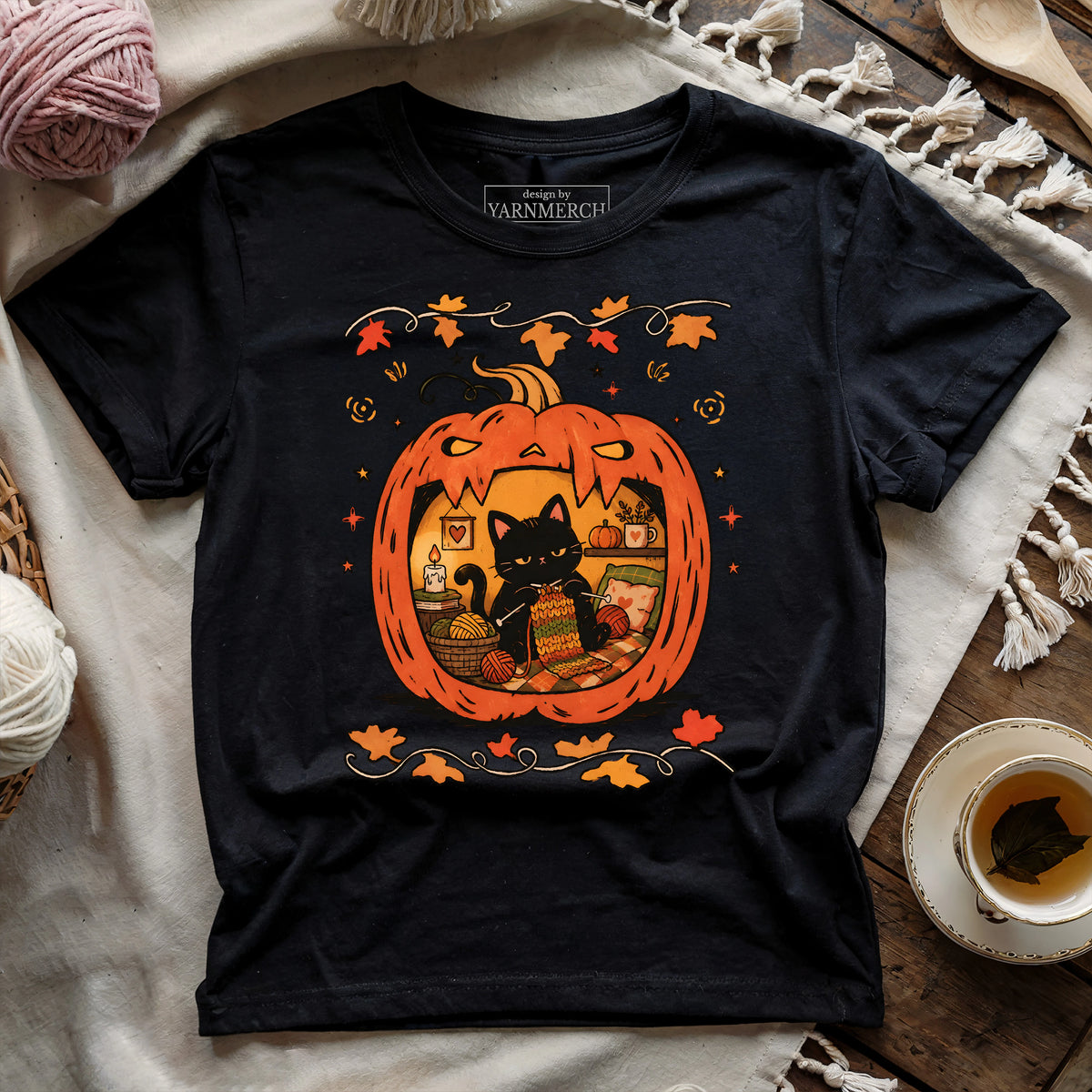 Cozy Halloween Cat Knitting T-shirt