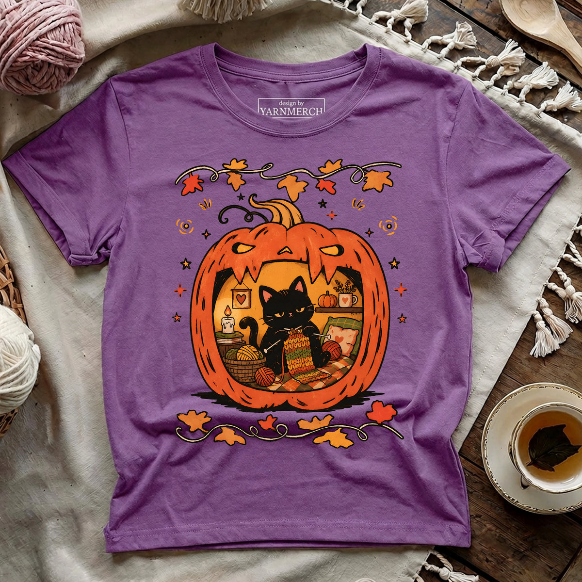 Cozy Halloween Cat Knitting T-shirt