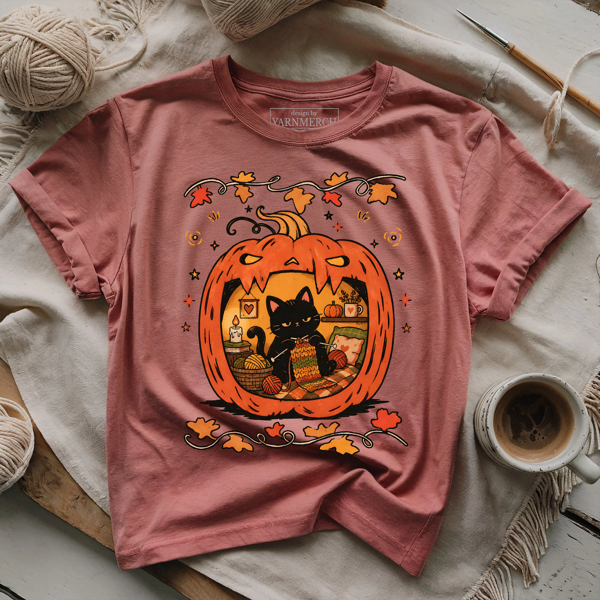 Cozy Halloween Cat Knitting T-shirt