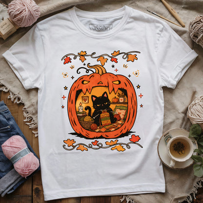 Cozy Halloween Cat Knitting T-shirt