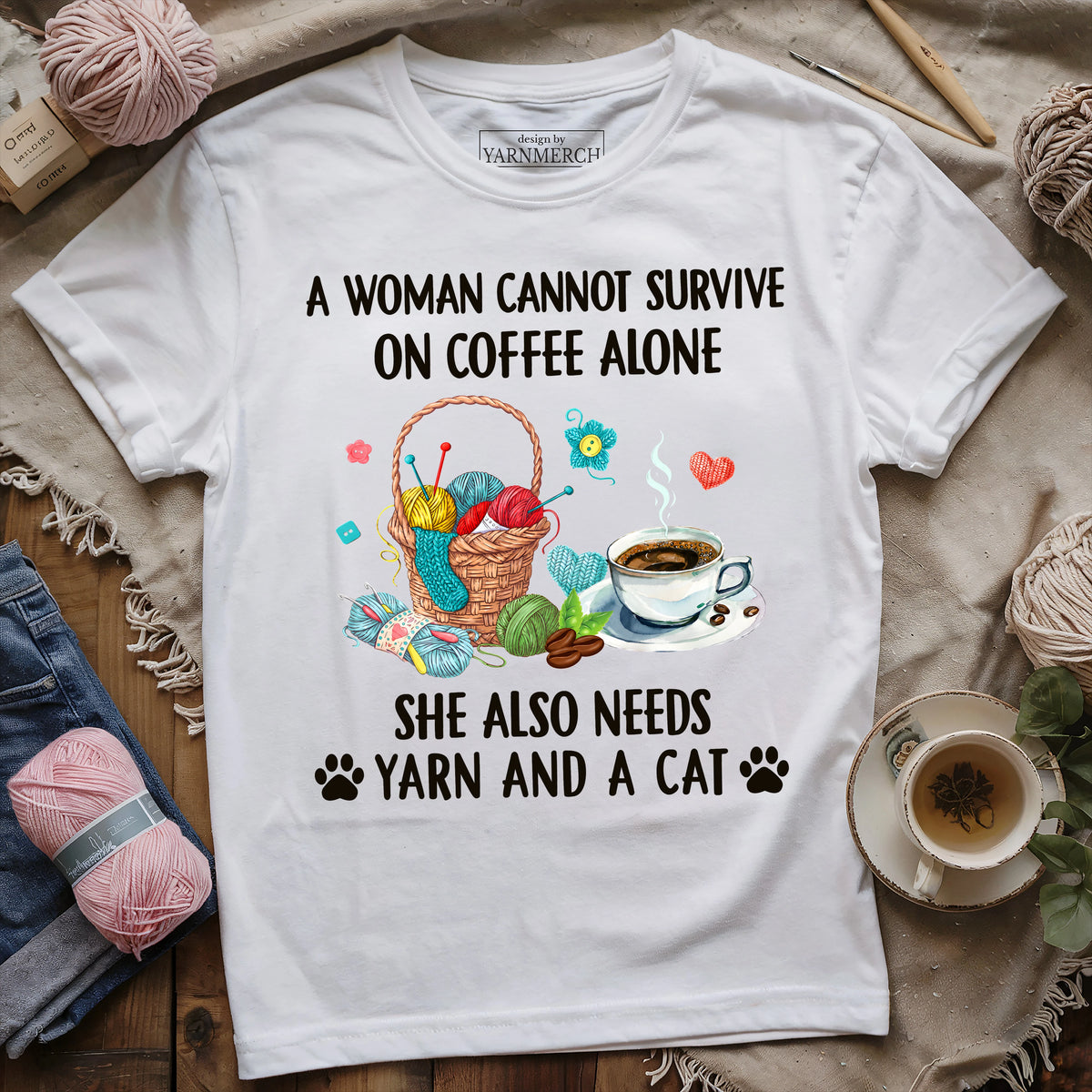 Coffee, Yarn & Cat Love T-shirt