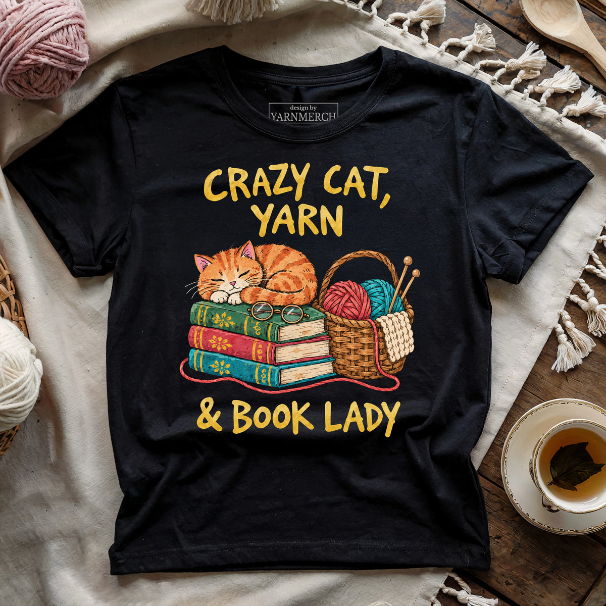 Crazy Cat, Yarn & Book Lady T-shirt