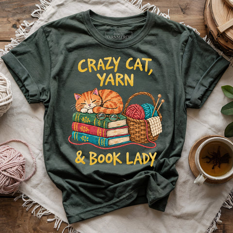Crazy Cat, Yarn & Book Lady T-shirt
