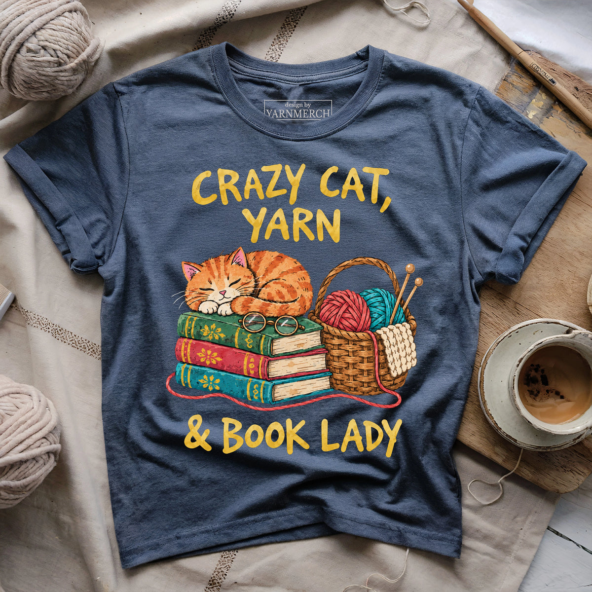 Crazy Cat, Yarn & Book Lady T-shirt