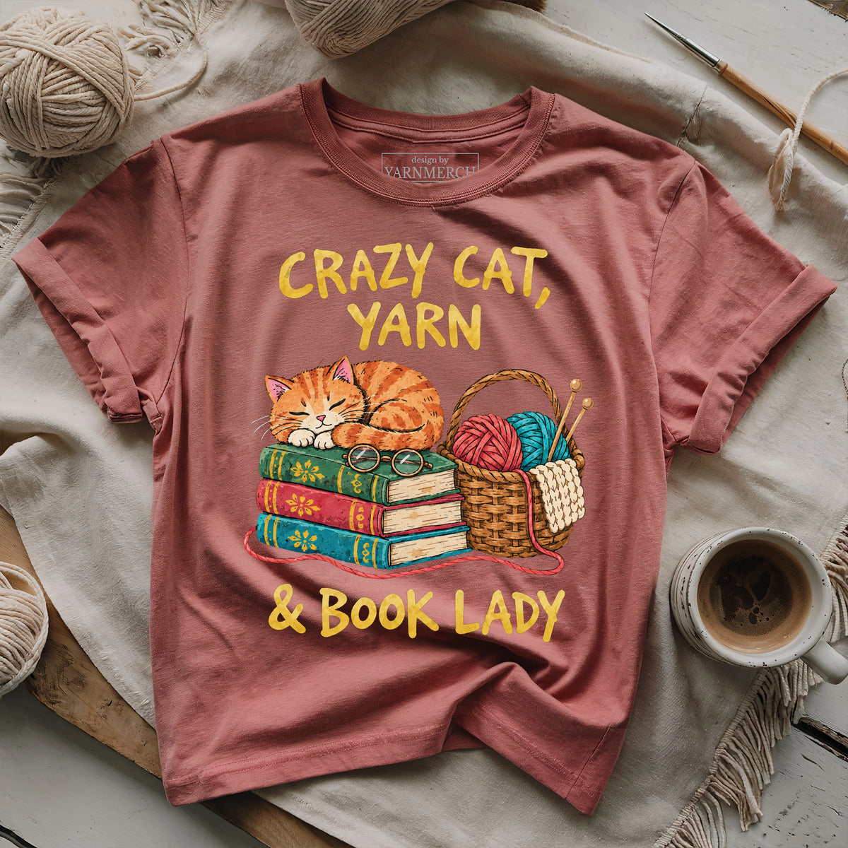 Crazy Cat, Yarn & Book Lady T-shirt