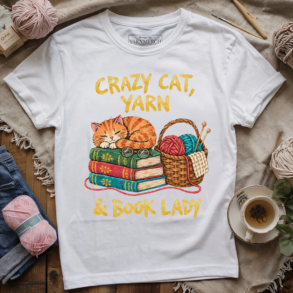 Crazy Cat, Yarn & Book Lady T-shirt