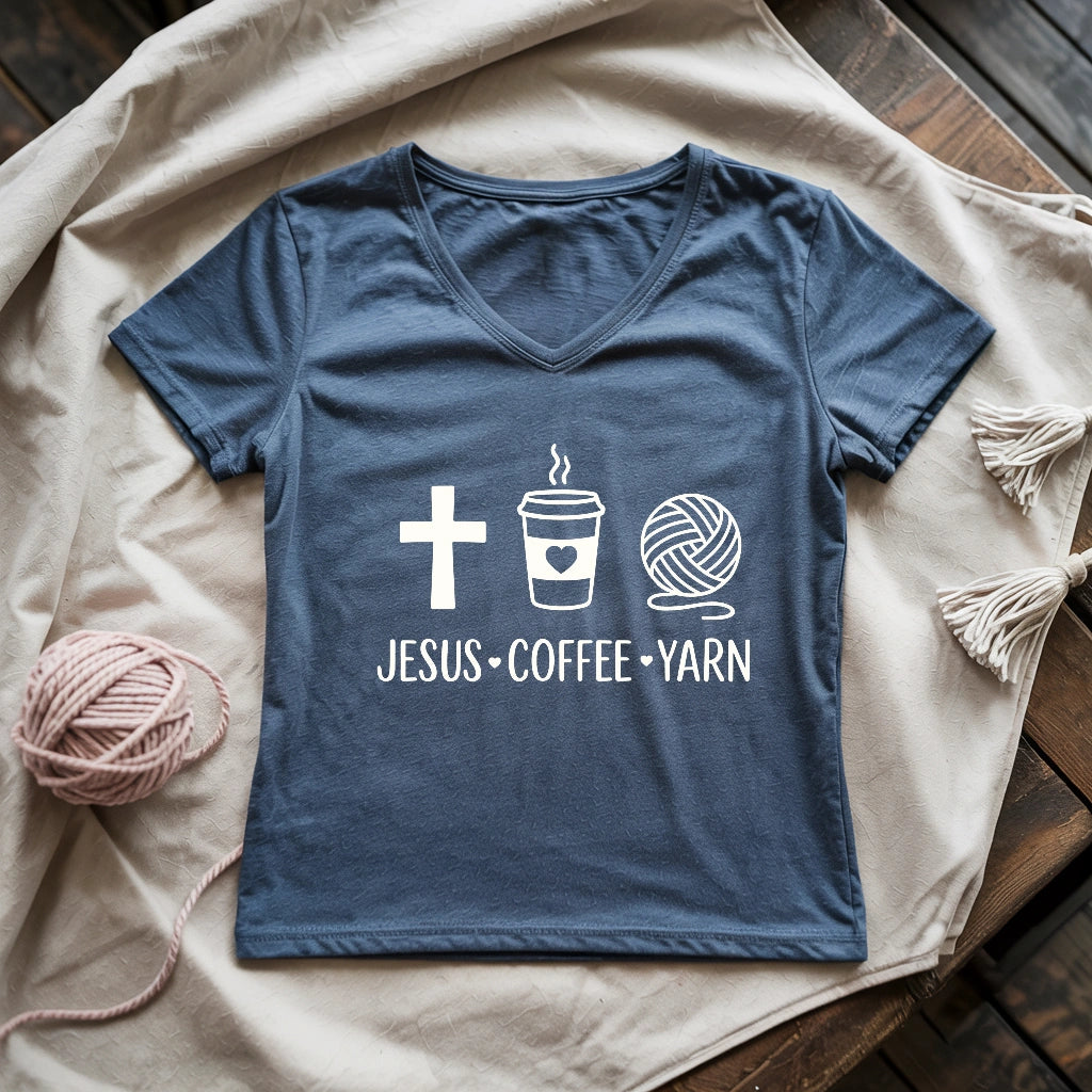 Jesus, Coffee and Yarn Lady V-neck