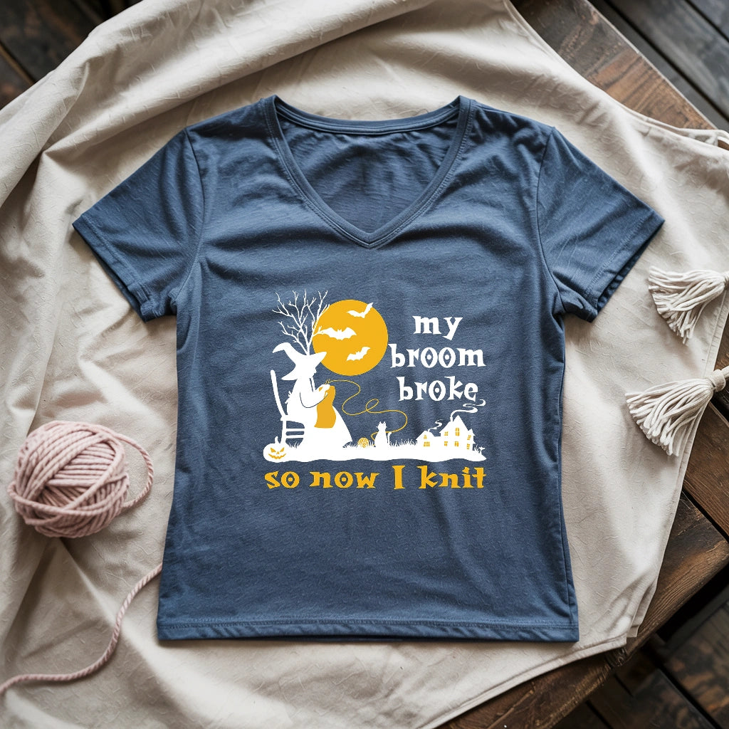 Broom Broke Knitting Witch Lady V-neck