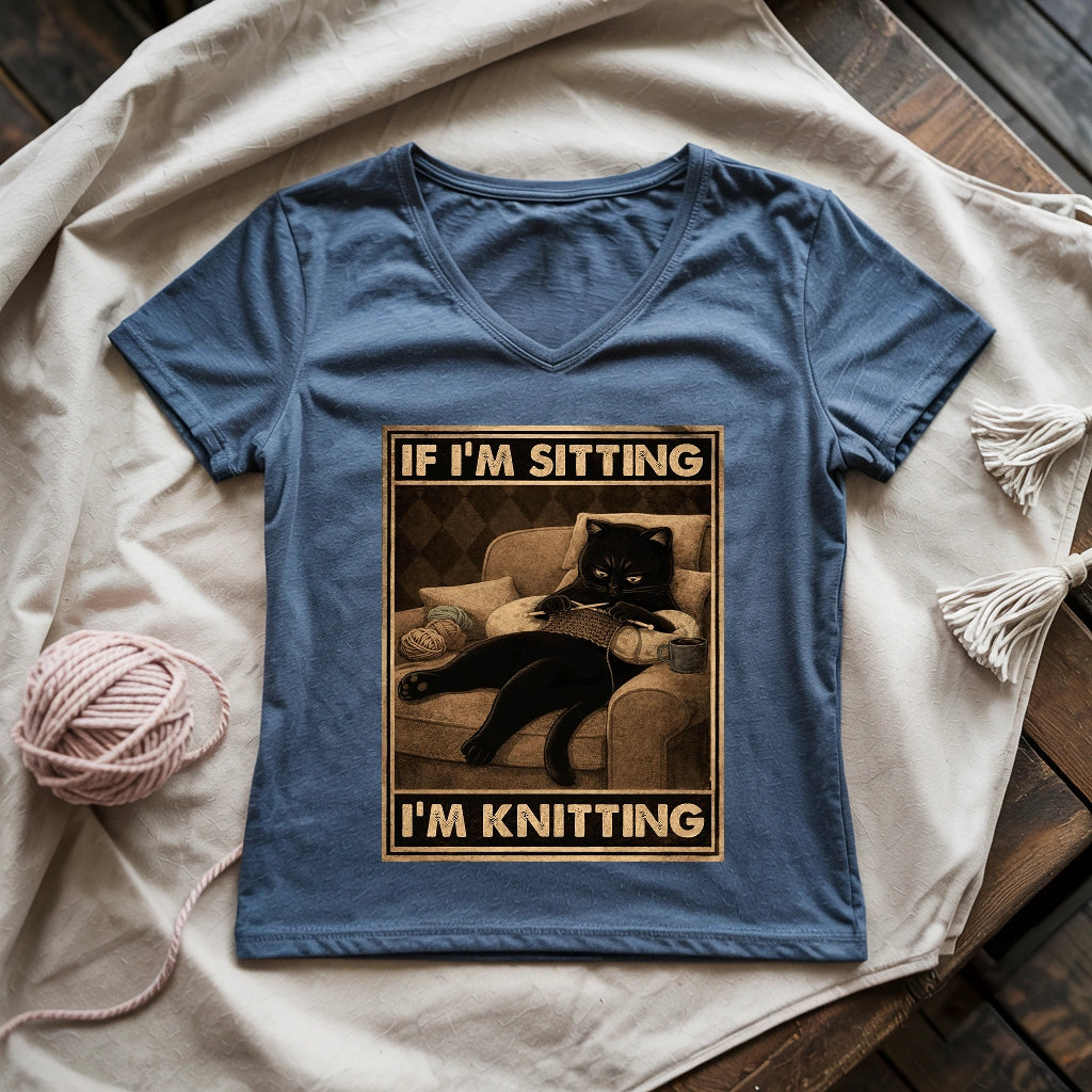 If I'm Sitting, I'm Knitting Lady V-neck