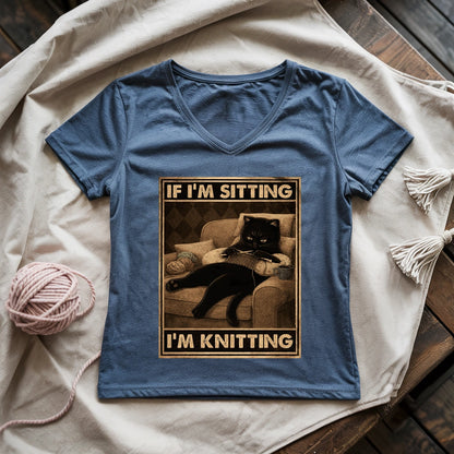 If I'm Sitting, I'm Knitting Lady V-neck