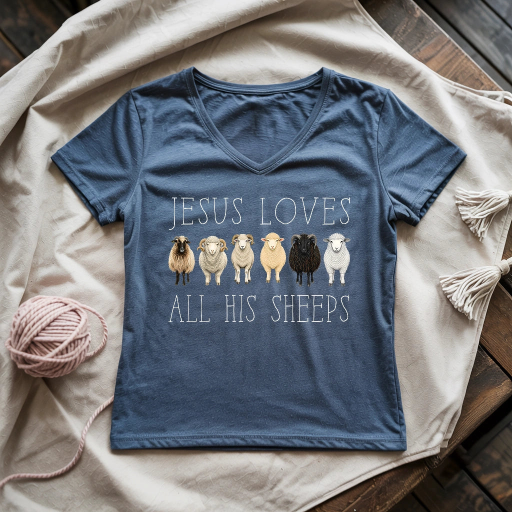Jesus Loves All His Sheeps Lady V-neck