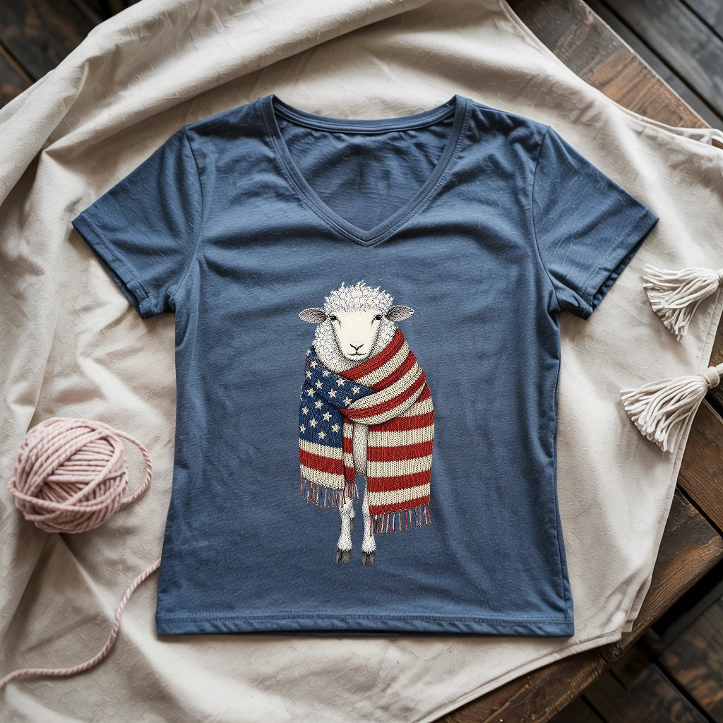 Patriotic Knitting Sheep Lady V-neck