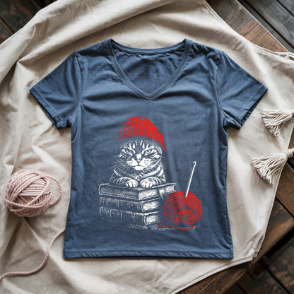 Vintage Cat, Book & Crocheting Lady V-neck