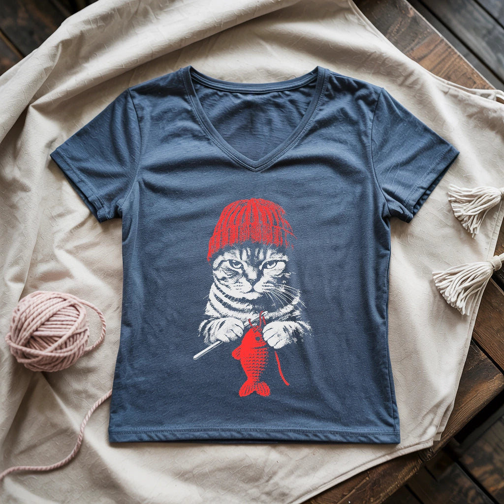 Vintage Crocheting Cat Lady V-neck