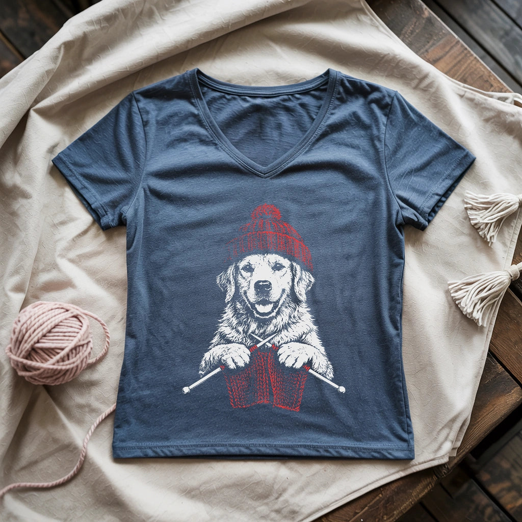 Vintage Golden Knitting Lady V-neck