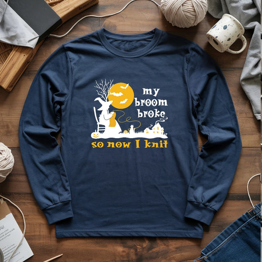 Broom Broke Knitting Witch Long Sleeve T-shirt