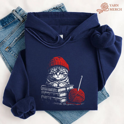 Vintage Cat, Book & Crocheting Hoodie