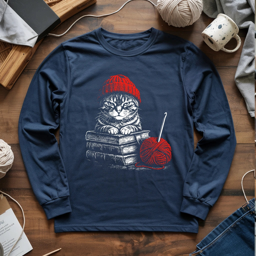 Vintage Cat, Book & Crocheting Long Sleeve T-shirt