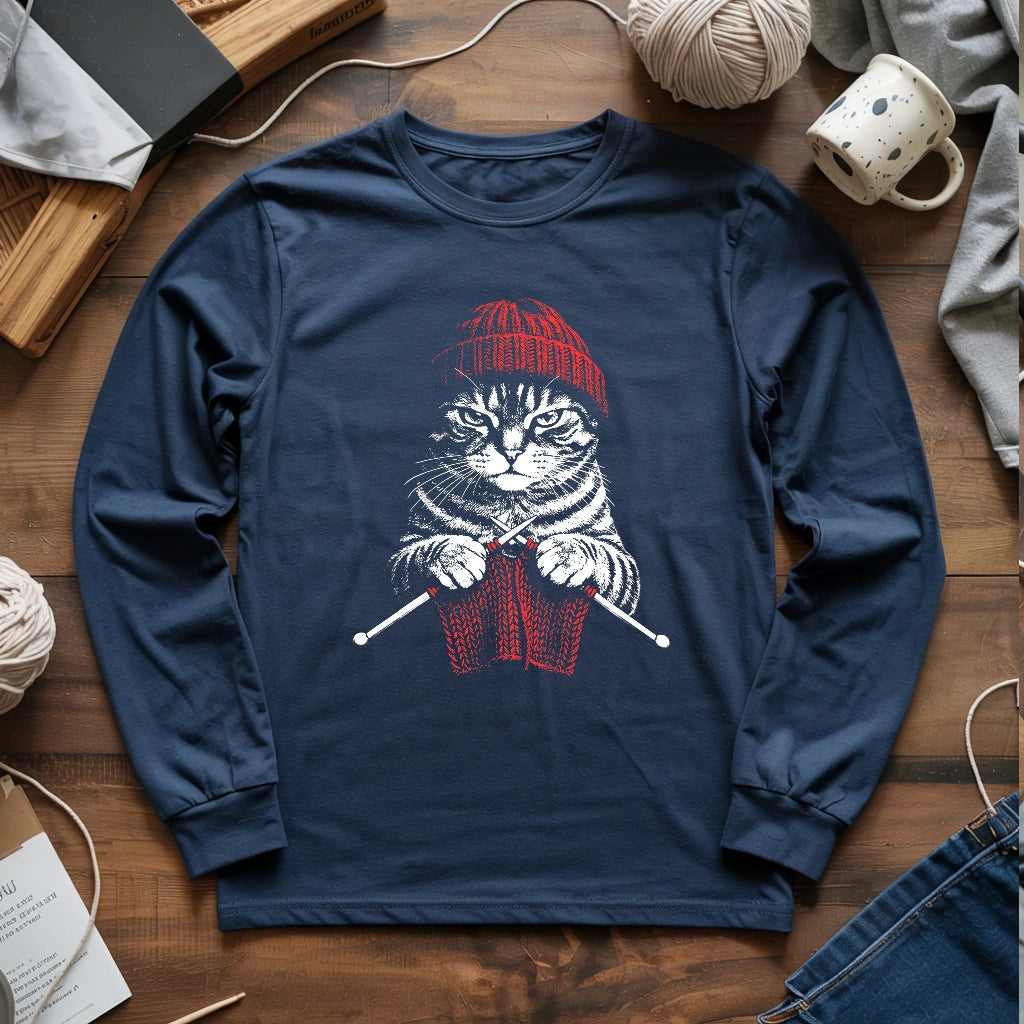 Vintage Knitting Cat Long Sleeve T-shirt