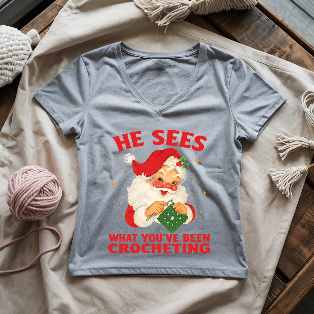 He Sees You Crocheting Lady V-neck