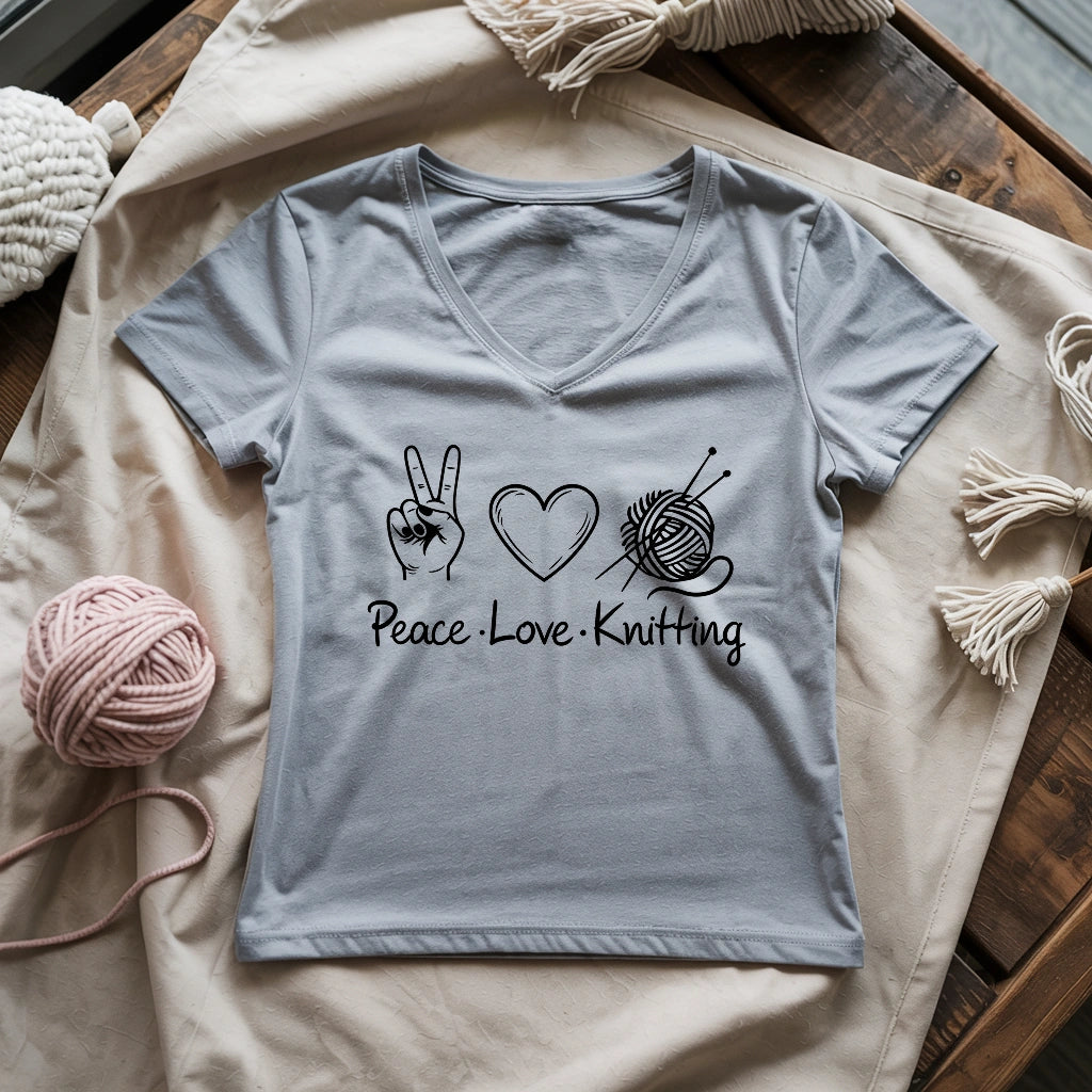 Peace Love Knitting Lady V-neck