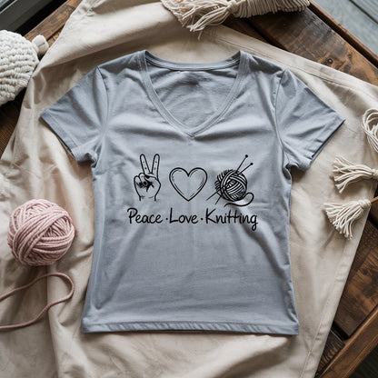 Peace Love Knitting Lady V-neck