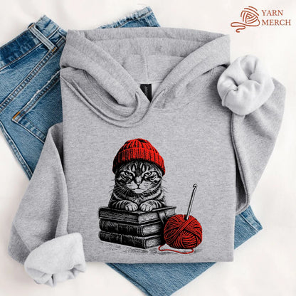 Vintage Cat, Book & Crocheting Hoodie