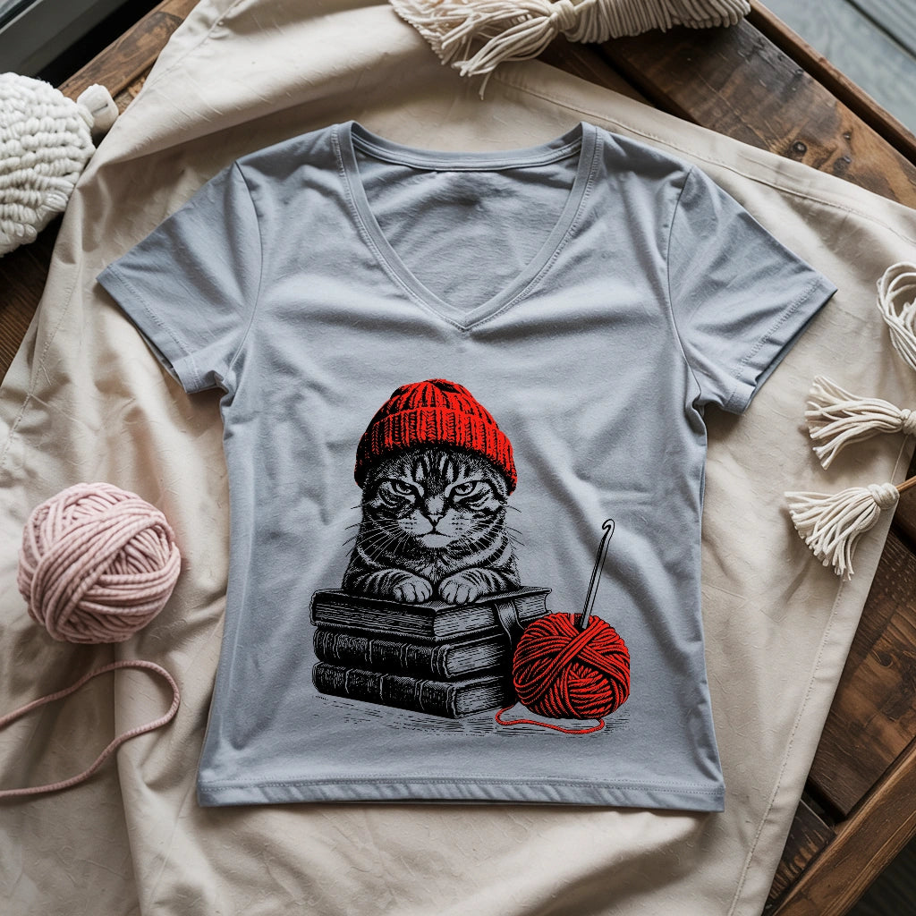 Vintage Cat, Book & Crocheting Lady V-neck