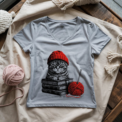 Vintage Cat, Book & Crocheting Lady V-neck