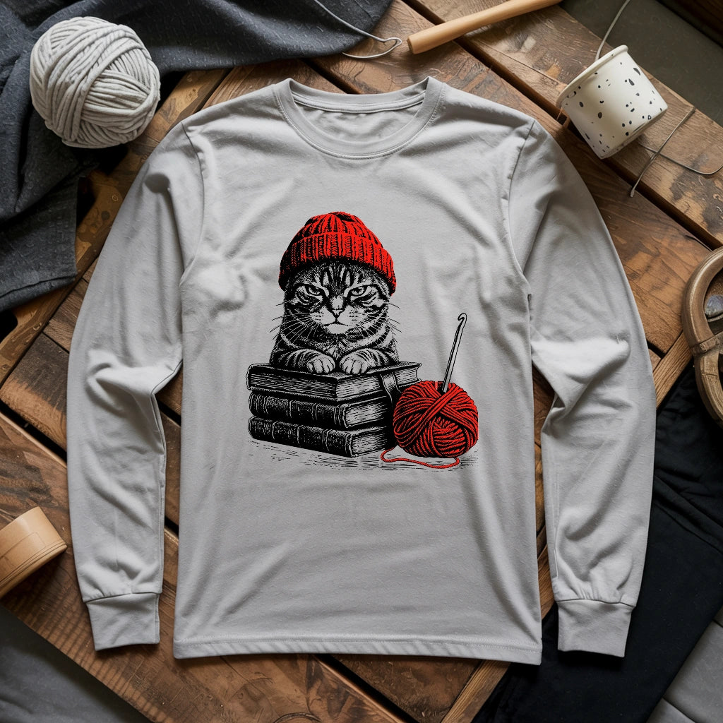 Vintage Cat, Book & Crocheting Long Sleeve T-shirt