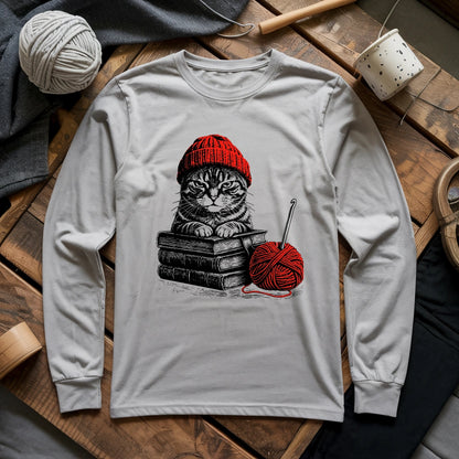 Vintage Cat, Book & Crocheting Long Sleeve T-shirt