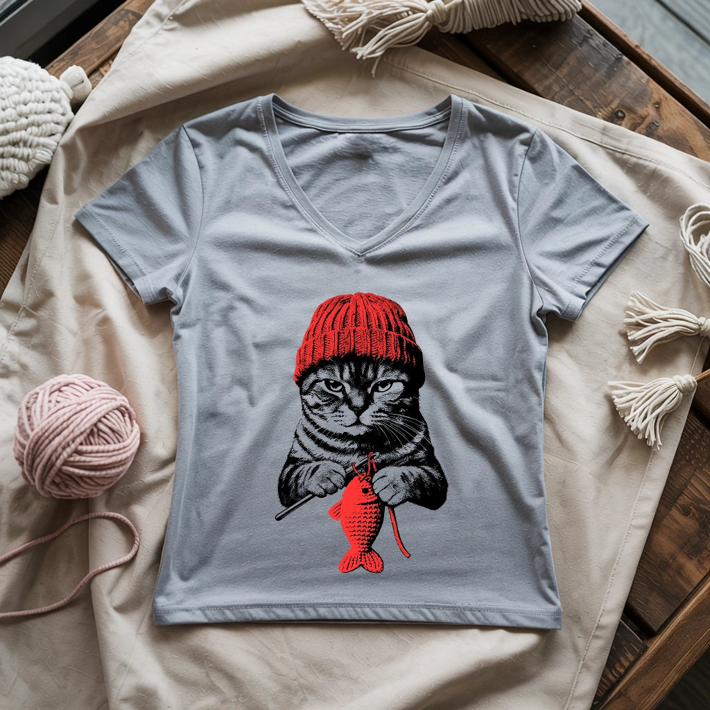 Vintage Crocheting Cat Lady V-neck