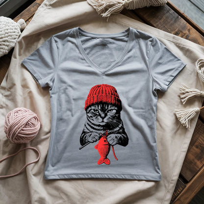 Vintage Crocheting Cat Lady V-neck