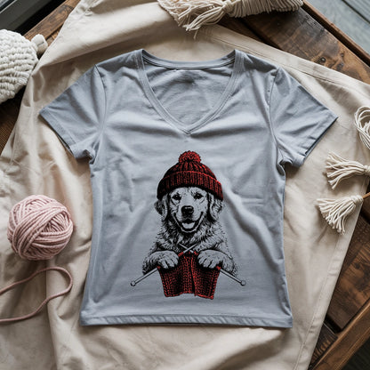 Vintage Golden Knitting Lady V-neck
