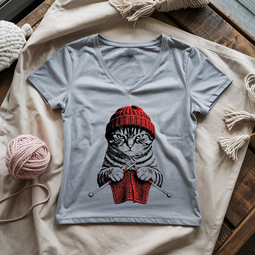 Vintage Knitting Cat Lady V-neck