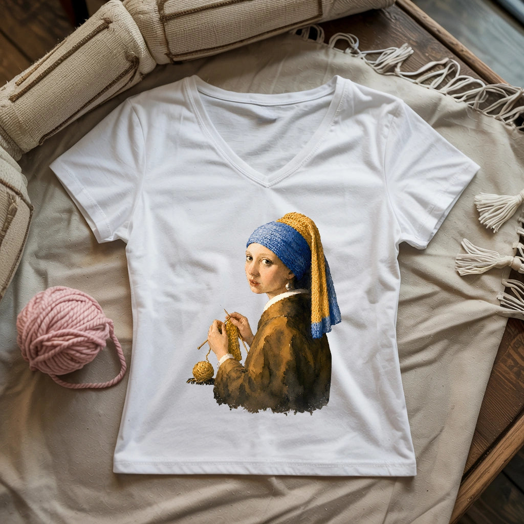 Girl Knitting Lady V-neck