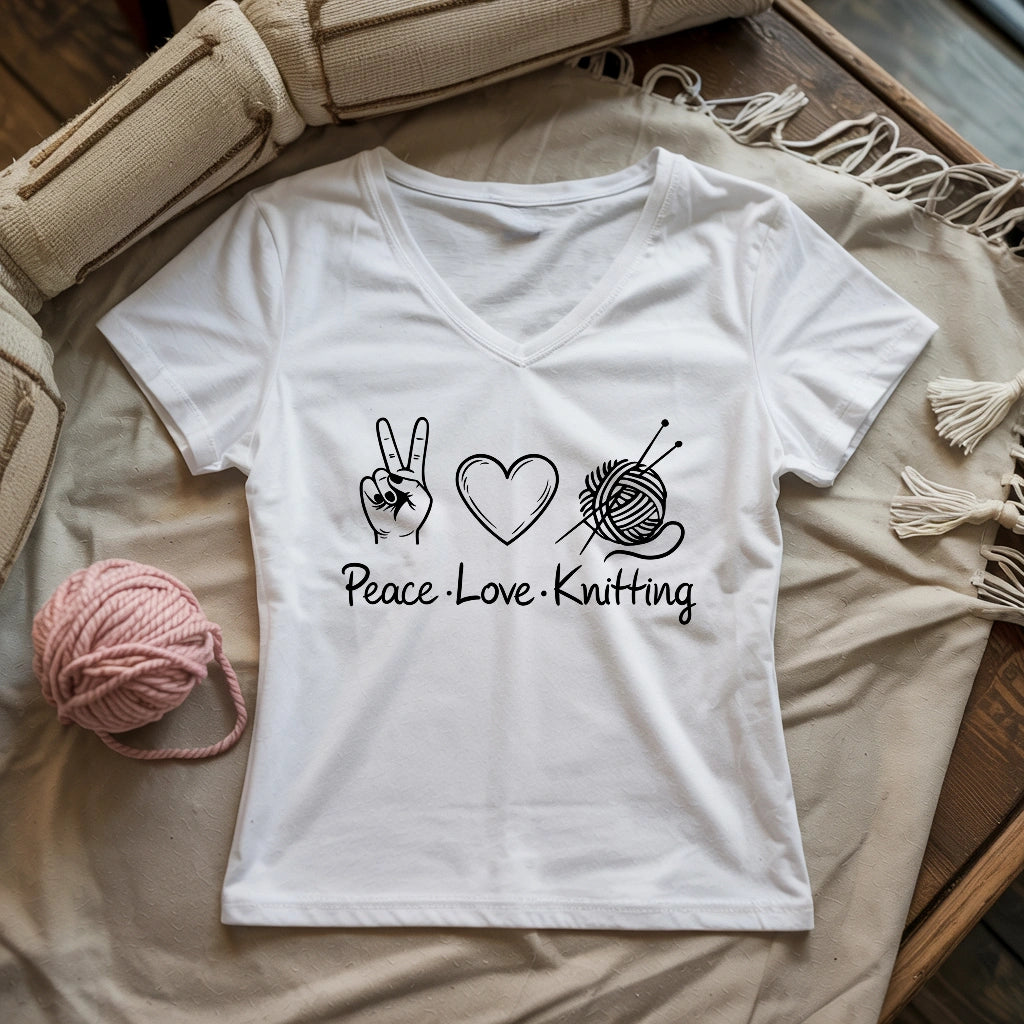 Peace Love Knitting Lady V-neck