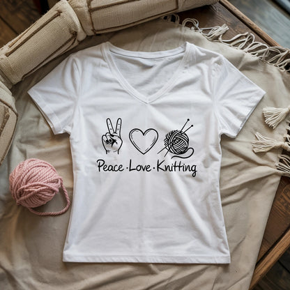 Peace Love Knitting Lady V-neck