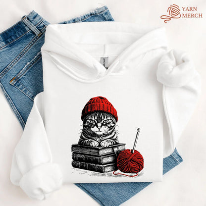 Vintage Cat, Book & Crocheting Hoodie