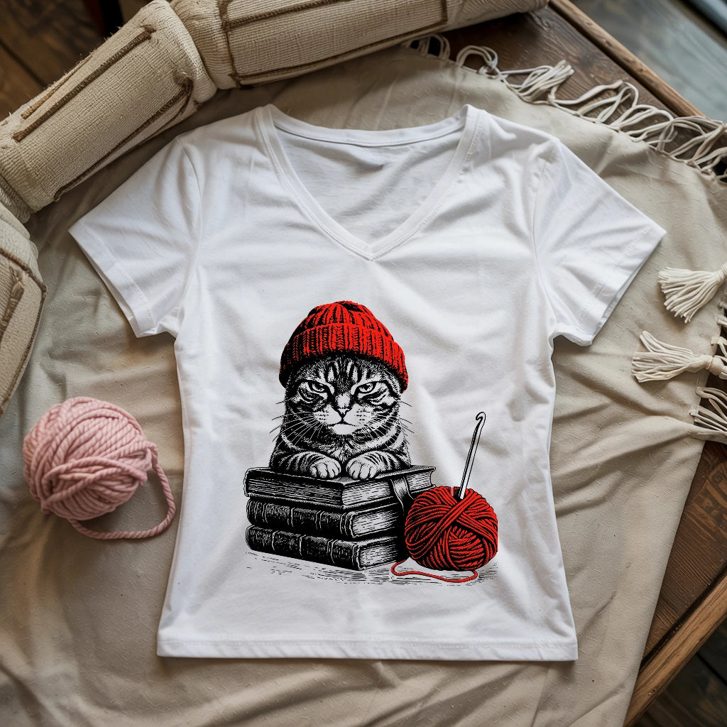 Vintage Cat, Book & Crocheting Lady V-neck