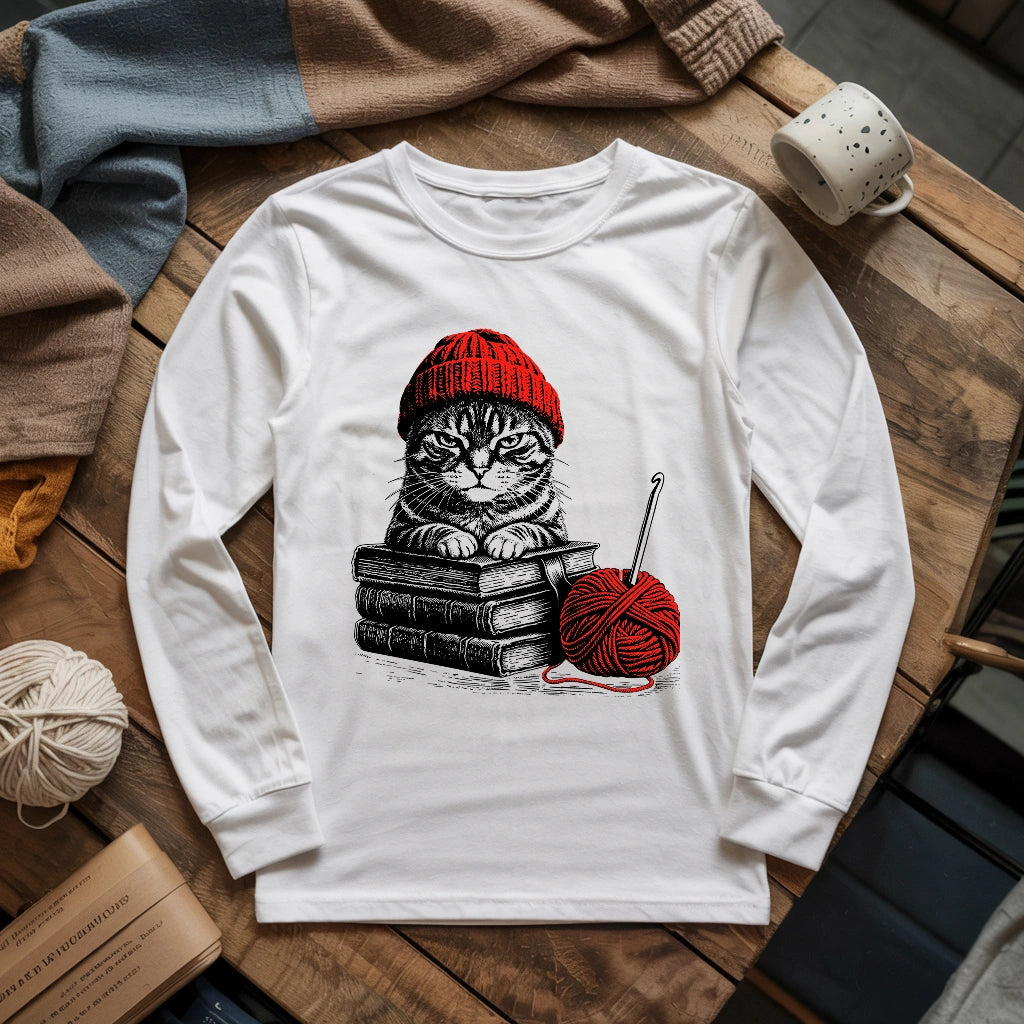 Vintage Cat, Book & Crocheting Long Sleeve T-shirt