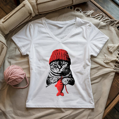 Vintage Crocheting Cat Lady V-neck