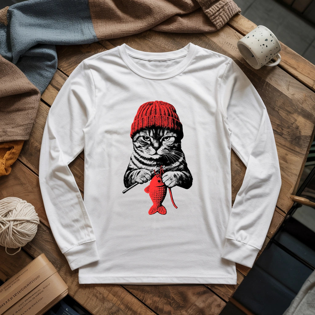 Vintage Crocheting Cat Long Sleeve T-shirt