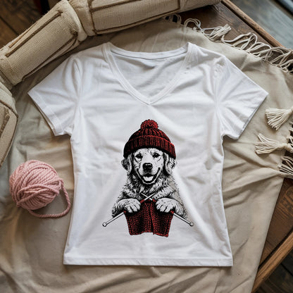 Vintage Golden Knitting Lady V-neck