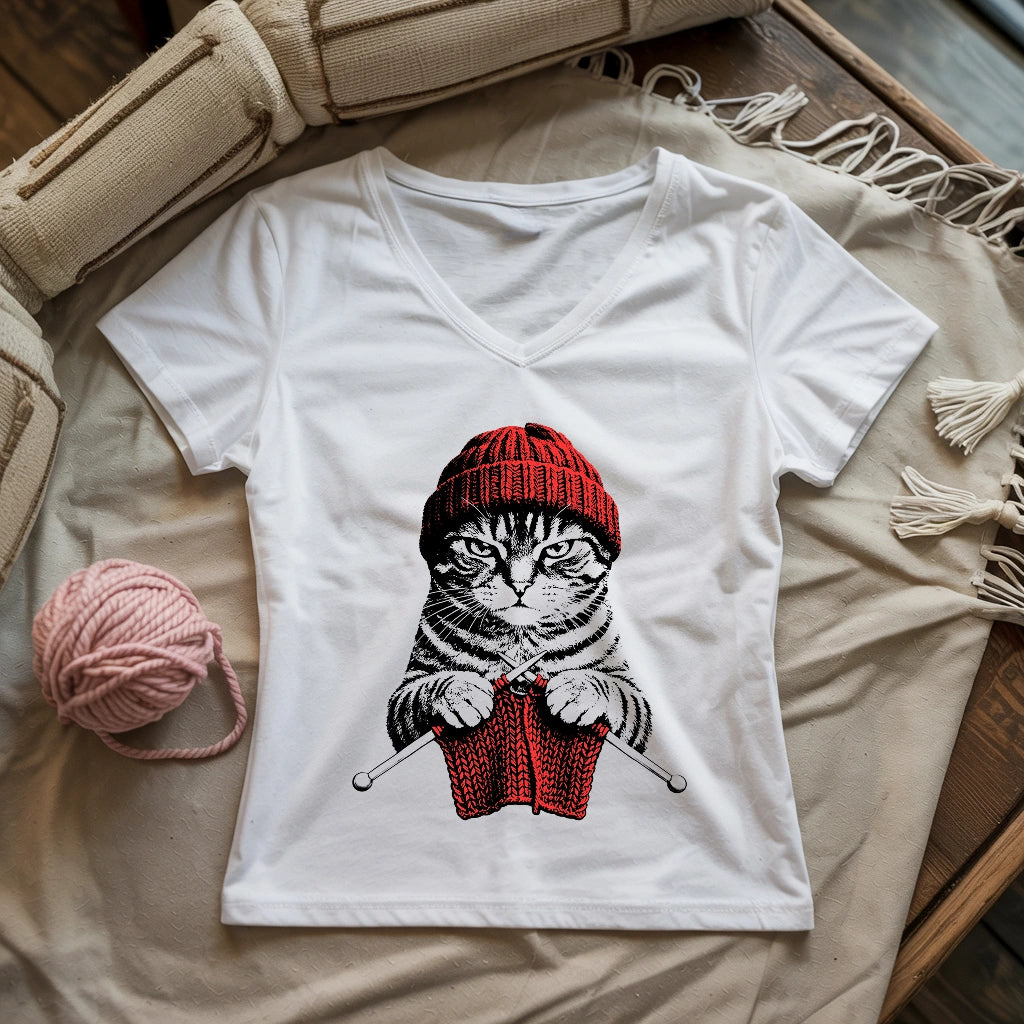 Vintage Knitting Cat Lady V-neck
