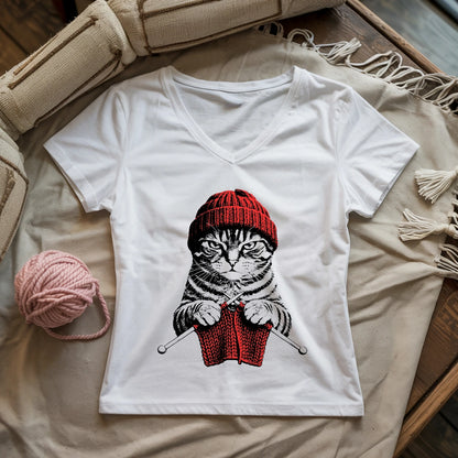 Vintage Knitting Cat Lady V-neck